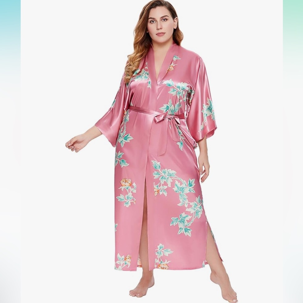 Silky Satin Retro Dressing Gown Kimono Pink Teal Floral Print Pinup With Belt
